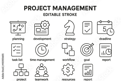 Vector icon set depicting project management concepts including planning, development, and teamwork in a clean, minimalistic design