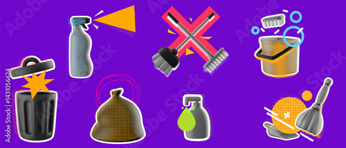Abstract modern art collage composition with cleaning tools and decorative elements. Creative bright trendy concept illustration. Stylish vector background for cover banner, poster, card.