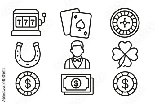 Vector icon set depicting various gambling symbols including slots, cards, and casino elements