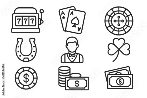 Vector icon set featuring various casino elements such as playing cards, slot machine, and roulette wheel