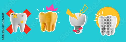 Abstract modern art collage composition with tooth and decorative elements. Creative bright trendy concept illustration. Grunge vector background for cover banner, poster, card.