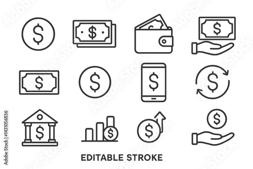 Vector icon set showcasing financial symbols including money, tools, and transactions for various uses