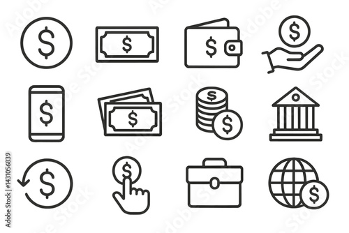 Vector icon set showcasing money-related concepts and financial transactions in a simple, clear design
