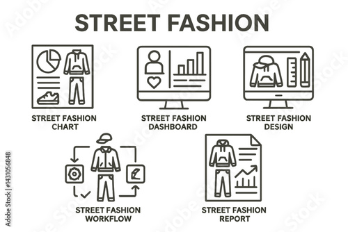 Vector icon set showcasing elements of street fashion analysis and design for fashion enthusiasts and professionals