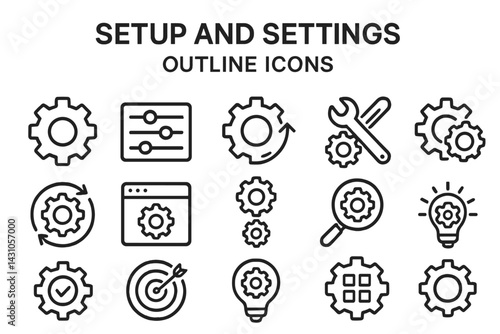 Vector icon set featuring outline designs for setup and settings concepts including gears, tools, and controls
