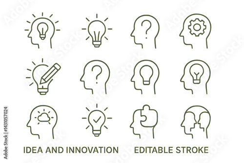 Vector icon set illustrating concepts of creativity and innovation with light bulbs and other symbols
