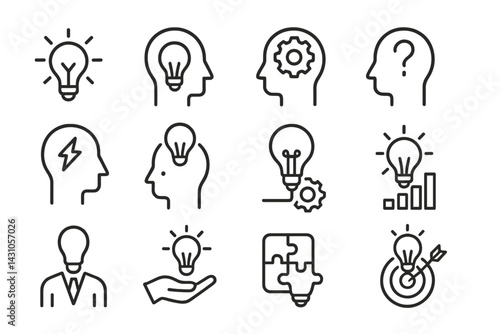 Vector icon set illustrating creativity, innovation, problem solving, and teamwork concepts with lightbulbs and heads
