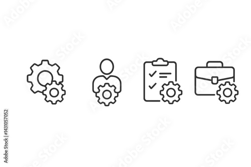 Vector icon set featuring gears, person, checklist, and briefcase for business and process management