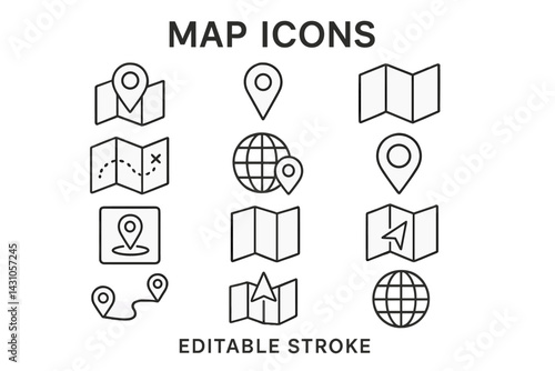 Vector icon set featuring various map icons for navigation and location services