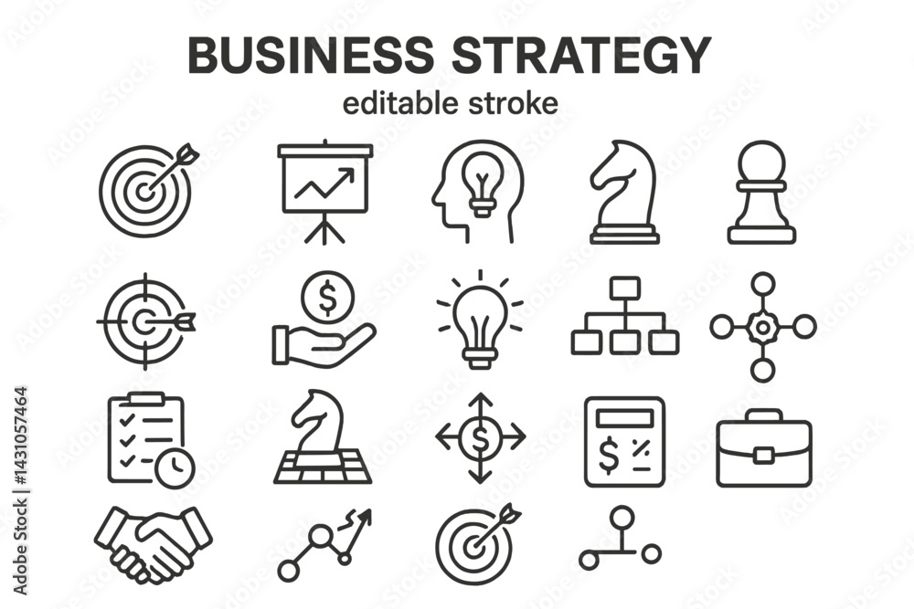 Vector icon set illustrating various elements of business strategy and planning for visual communication and design projects Vector icon set illustrating various elements of business strategy and planning for visual communication and design projects