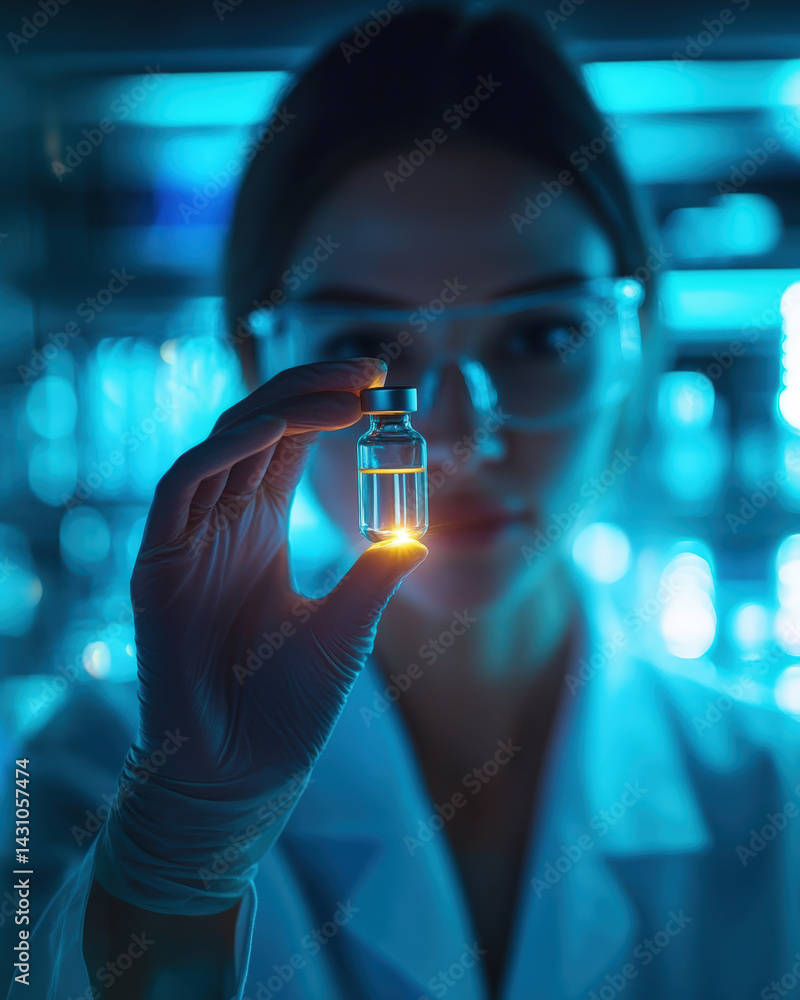A medical doctor holding a vaccine vial with glowing light symbolizing hope during a laboratory procedure, showing innovation, pandemic response, and disease prevention in a sterile healthcare setting