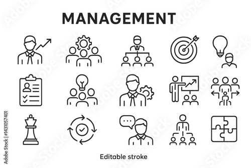 Collection of management vector icons showcasing various business themes and concepts for professional use