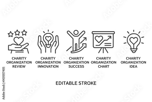 Vector icon set illustrating charity organization concepts with editable stroke design for various themes