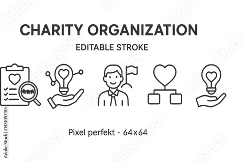 Vector icon set depicting elements related to charity organizations showcasing various activities and themes of giving and support