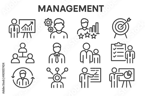 Vector icon set depicting various management concepts and practices showcasing teamwork, planning, and goal setting