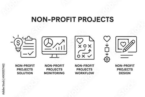 Vector icon set showcasing various aspects of non-profit projects including solutions, monitoring, workflow, and design