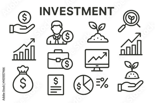 Investment vector icon set featuring various financial and growth elements for illustrative use