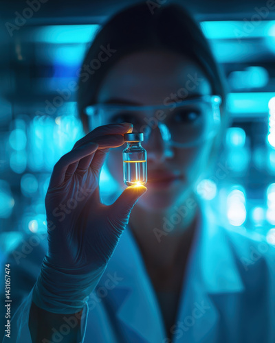 Obraz na płótnie A medical doctor holding a vaccine vial with glowing light symbolizing hope during a laboratory procedure, showing innovation, pandemic response, and disease prevention in a sterile healthcare setting w salonie