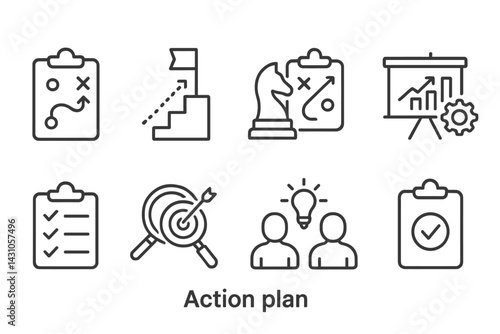 Vector icon set depicting various elements of an action plan, including strategy, analysis, and collaboration in a business context
