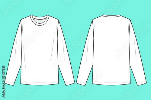 Mens crew neck long sleeve t-shirt flat sketch outline CAD mockup template.