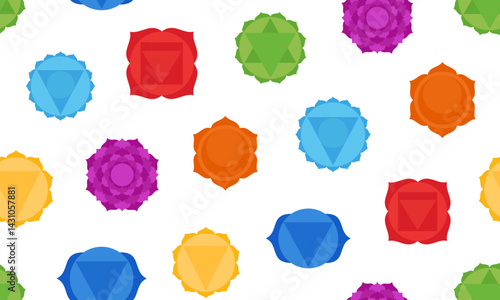 Chakras seamless pattern. Muladhara, swadhisthana, manipura, anahata, vishuddha, ajna, sahasrara. Basic human chakra system background. Vector illustration