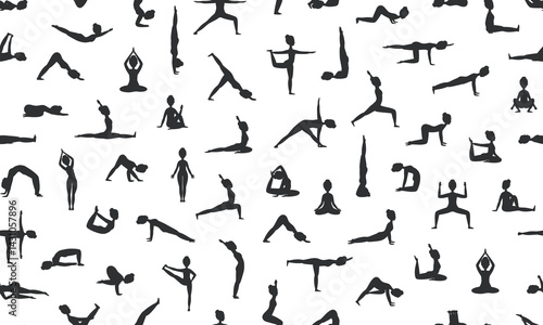Seamless pattern with women in yoga poses silhouette. Flat Vector illustration on white background