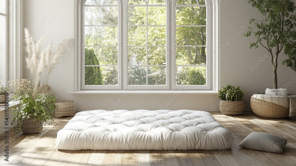 Fototapeta premium Modern room featuring only a single white mattress and hardwood floor