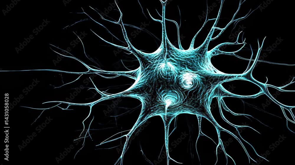 A close-up of a glowing blue neuron with detailed branching connections, representing brain activity and neural networks.