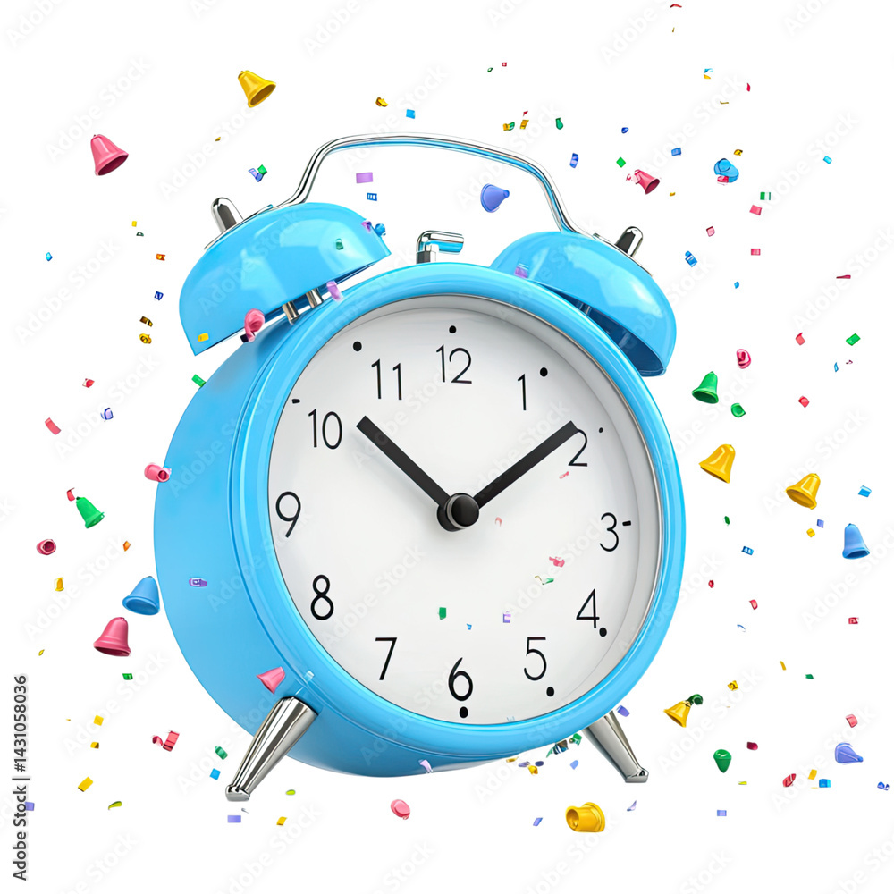 Vibrant Blue Alarm Clock amidst Colorful Confetti Explosion: A Festive Timepiece Vibrant Blue Alarm Clock amidst Colorful Confetti Explosion: A Festive Timepiece