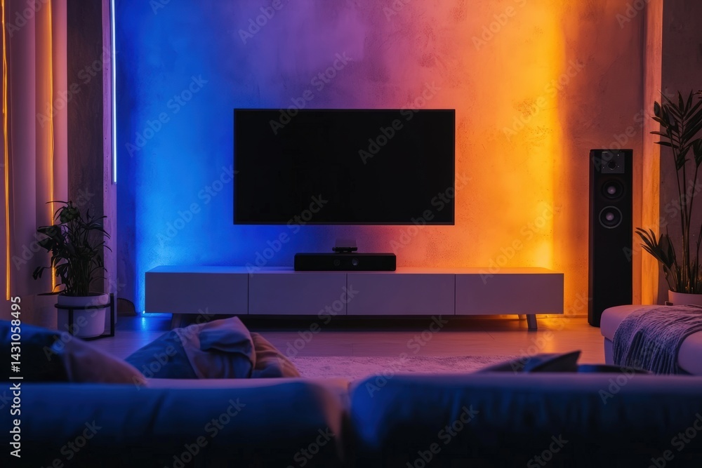 Modern smart entertainment room, large screen, and voice-controlled sound system designed for immersive home cinema experiences in a cozy and stylish interior setup. Personalized home cinema. Modern smart entertainment room, large screen, and voice-controlled sound system designed for immersive home cinema experiences in a cozy and stylish interior setup. Personalized home cinema.
