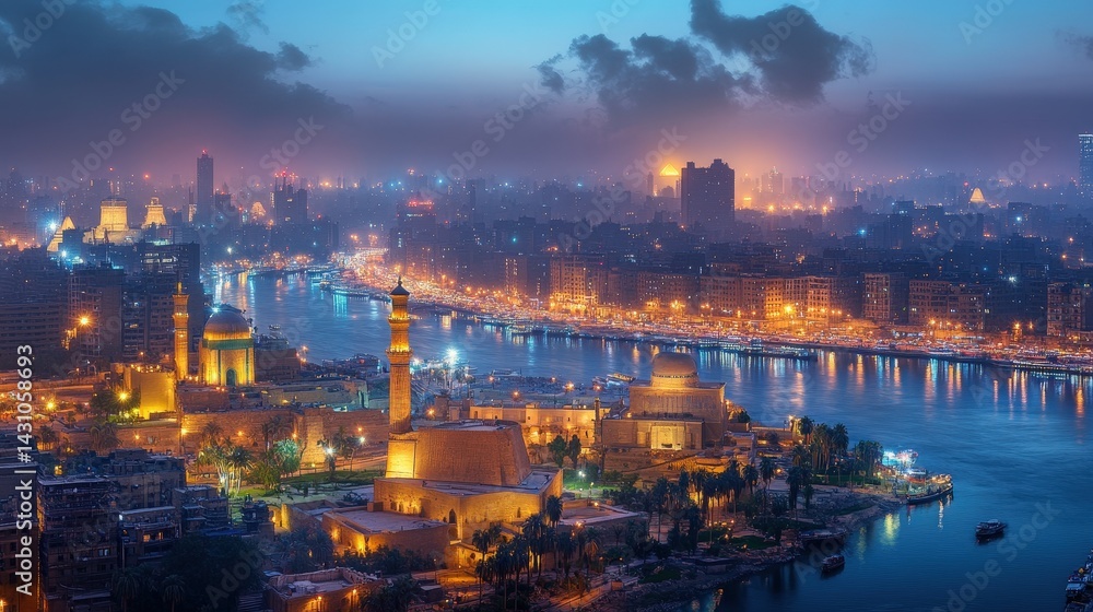 Obraz premium The city of Cairo at night, with ancient and modern buildings glowing under thousands of lights.