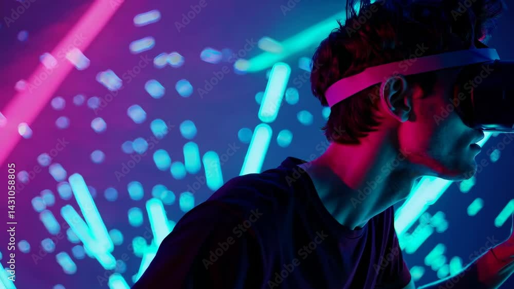 Young man wearing virtual reality headset immersed in digital neon environment, futuristic gaming, metaverse, and VR technology concept Young man wearing virtual reality headset immersed in digital neon environment, futuristic gaming, metaverse, and VR technology concept