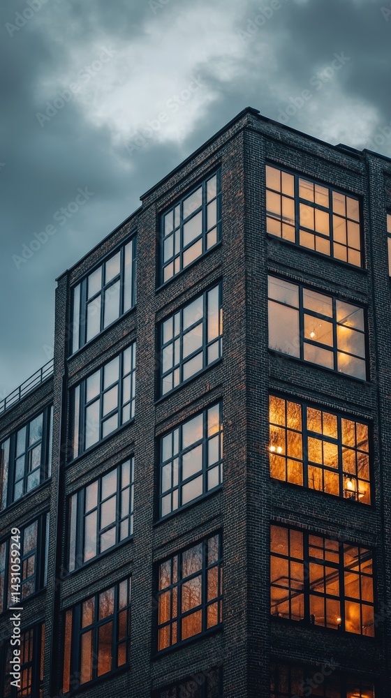 Modern urban loft building with large industrial-style windows and exposed brick, located in the heart of the city, perfect for trendy downtown living and creative residential real estate visuals.