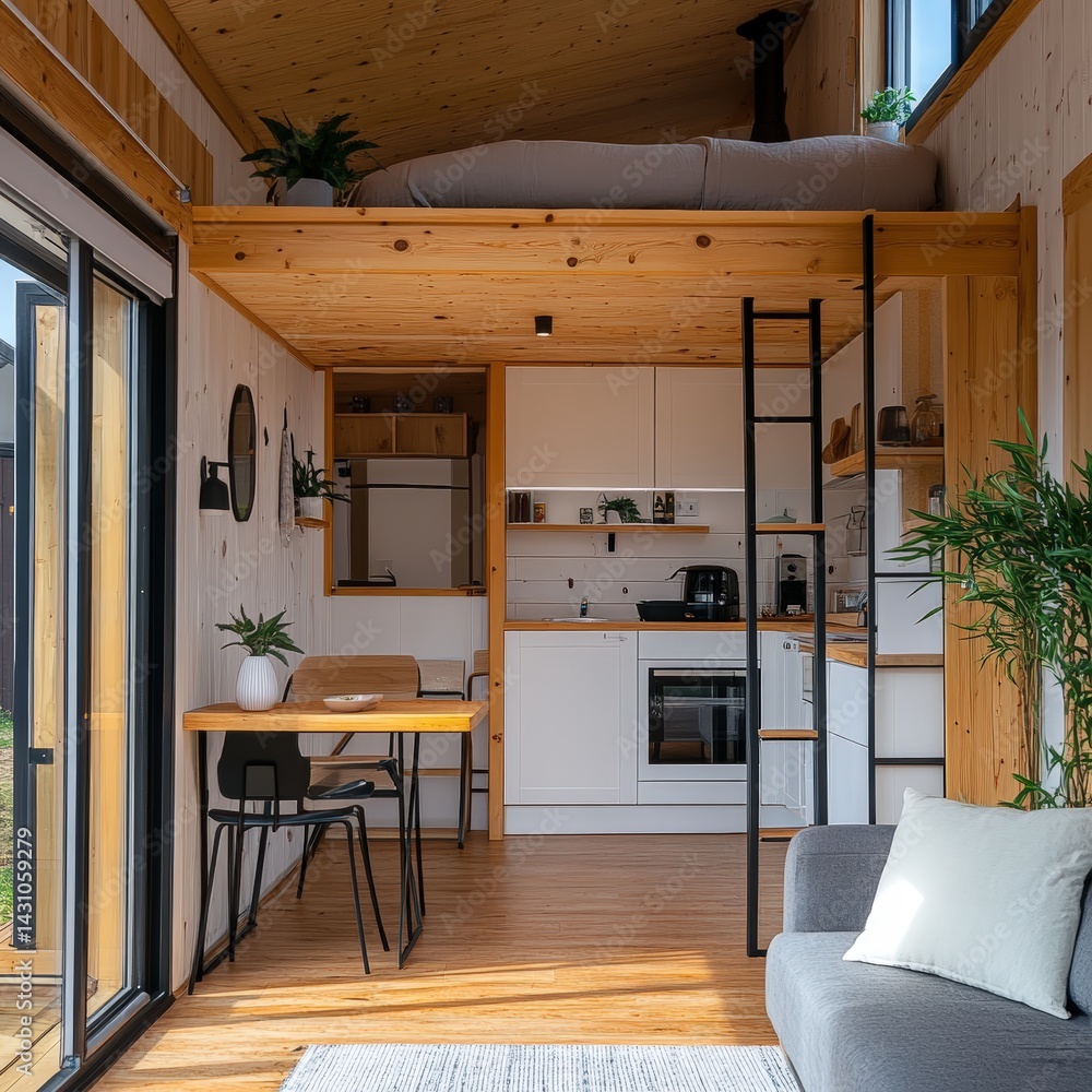 Tiny house with eco design. Compact living solutions for sustainable lifestyles and future-forward housing alternatives. Energy efficient living. Small modern home. Eco-friendly housing concept.
