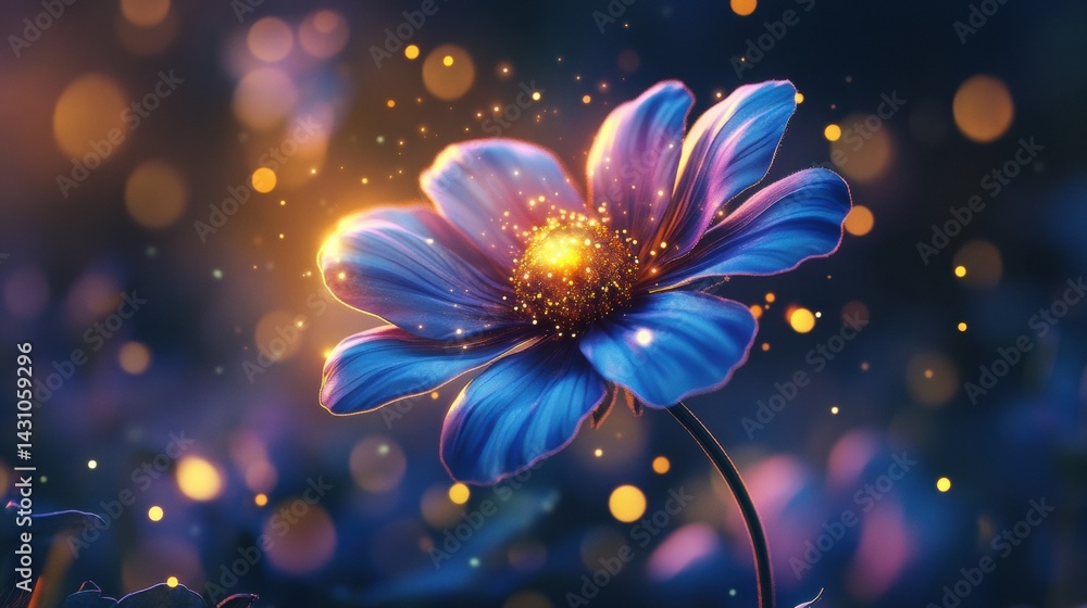 Blooming Flower Opens Resembling a Cosmic Solar System With Radiant Colors and Glowing Particles in a Serene Natural Setting Generative AI