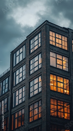 Obraz na płótnie Modern urban loft building with large industrial-style windows and exposed brick, located in the heart of the city, perfect for trendy downtown living and creative residential real estate visuals. w salonie
