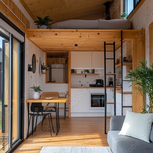 Obraz na płótnie Tiny house with eco design. Compact living solutions for sustainable lifestyles and future-forward housing alternatives. Energy efficient living. Small modern home. Eco-friendly housing concept. w salonie