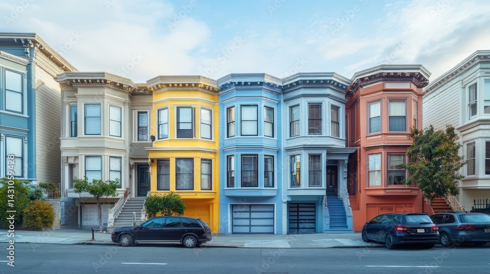 Row houses with colorful facades and detailed architecture in an urban neighborhood, showcasing community lifestyle, city development, and residential design. City block of row homes. Local culture.