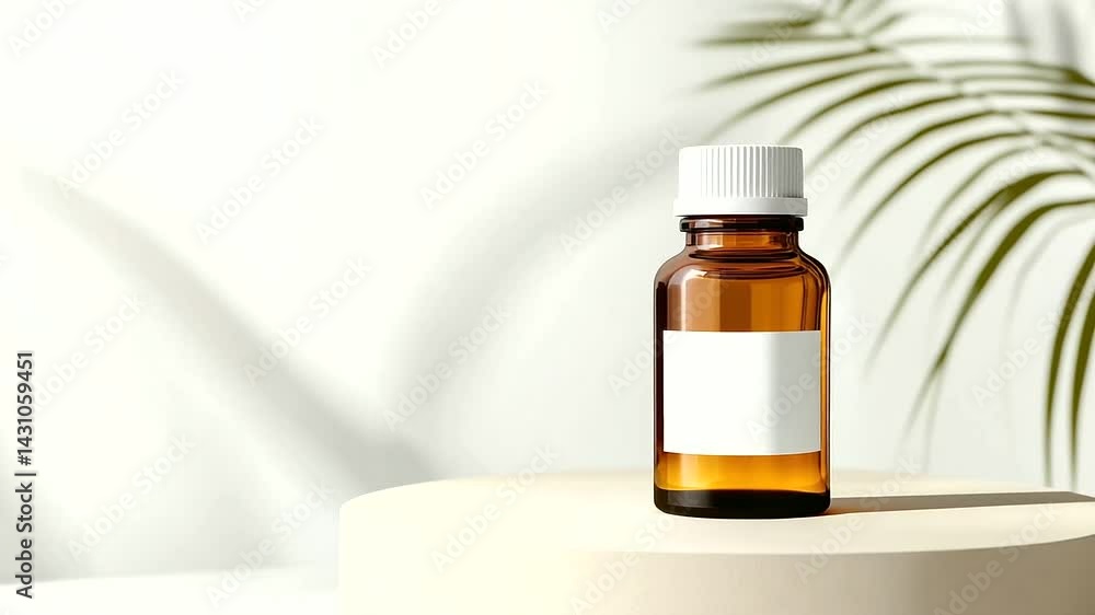 A clean and modern display of a brown medicine bottle with white label, set on a beige round platform. The scene’s simplicity draws attention to the product's purity and aligns wit A clean and modern display of a brown medicine bottle with white label, set on a beige round platform. The scene’s simplicity draws attention to the product's purity and aligns wit