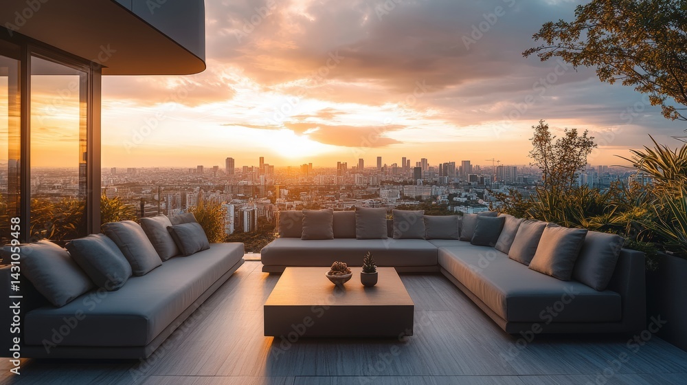 Luxury penthouse terrace with panoramic city skyline views, modern furnishings, and urban design details, perfect for upscale lifestyle and high-end property marketing in metropolitan areas.
