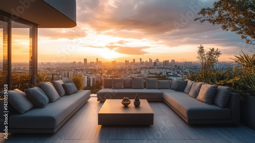 Obraz na płótnie Luxury penthouse terrace with panoramic city skyline views, modern furnishings, and urban design details, perfect for upscale lifestyle and high-end property marketing in metropolitan areas. w salonie