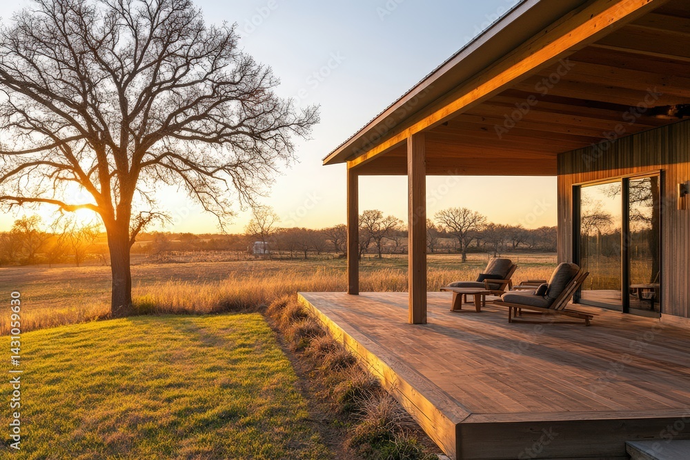 Scenic view of a modern farmhouse with wrap-around porch set in the peaceful countryside, designed with sustainable materials and ideal for promoting eco living and rural family home concepts