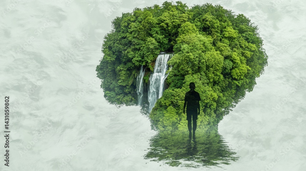 Creative Waterfall Figure Walking Through a Lush Forest Representing Natures Power and Grace in a Serene Landscape Generative AI