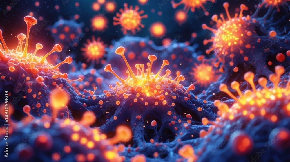 Fototapeta premium Microscopic View of Viruses: A vivid, digitally rendered image showcasing the structure and proliferation of viruses in a blue and orange color scheme.