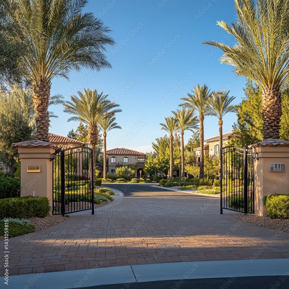 Gated community entrance surrounded by manicured landscaping and security features. Upscale housing and exclusive residential property ideal for private suburban living. Luxury driveway design.