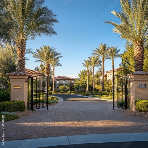 Obraz na płótnie Gated community entrance surrounded by manicured landscaping and security features. Upscale housing and exclusive residential property ideal for private suburban living. Luxury driveway design. w salonie