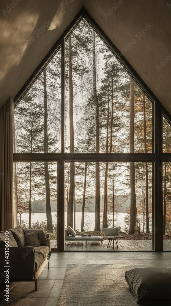 A-frame wooden cabin nestled in a serene forest landscape with large glass windows and outdoor seating, ideal for nature lovers seeking a peaceful weekend retreat or rustic vacation home.