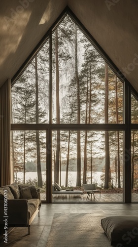 Obraz na płótnie A-frame wooden cabin nestled in a serene forest landscape with large glass windows and outdoor seating, ideal for nature lovers seeking a peaceful weekend retreat or rustic vacation home. w salonie