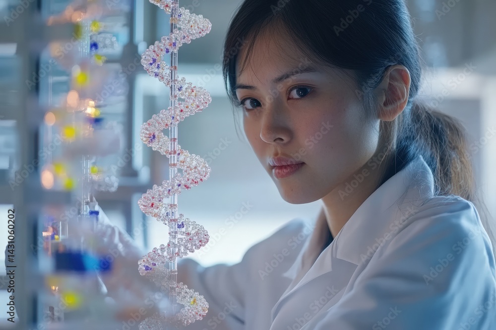 Female scientist examining DNA structures in modern lab environment with diverse research team and advanced equipment. Innovation, biotechnology, and women in science today. Woman researcher.