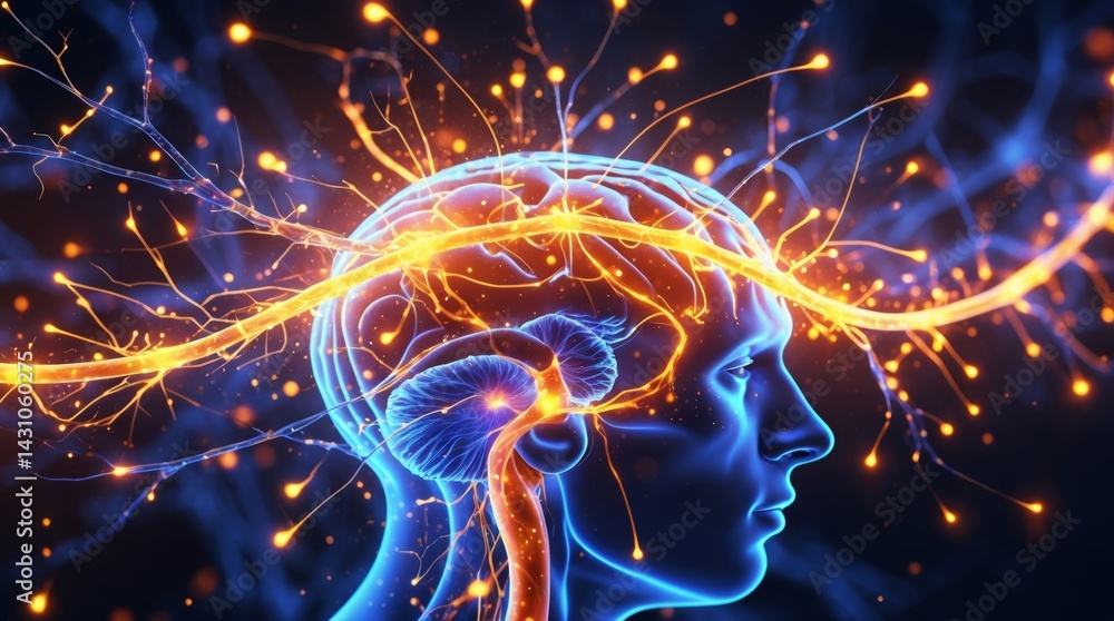 Glowing Neural Network: Human profile with vibrant interconnected neural pathways symbolizing brain activity and intelligence. Glowing Neural Network: Human profile with vibrant interconnected neural pathways symbolizing brain activity and intelligence.